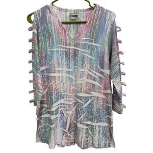 Distinct Womens Wearable Art Tunic Top Small Tie Dye Rhinestone Lattice Sleeve